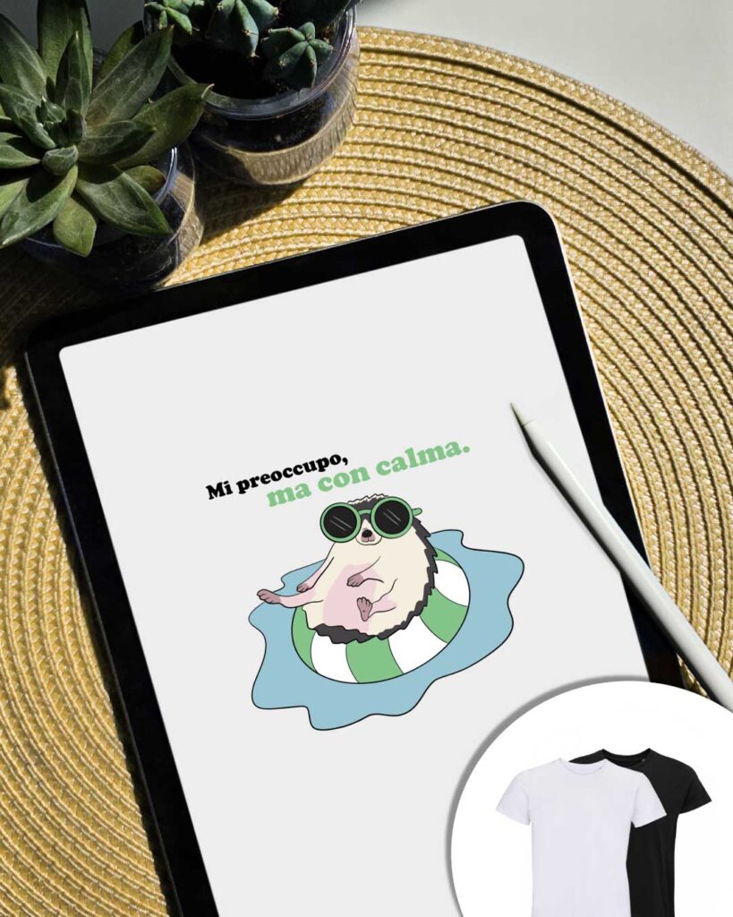 Grafica Mi preoccupo: un riccio con occhiali da sole su un salvagente verde e bianco