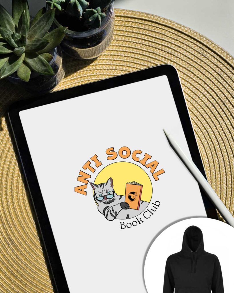 Grafica Antisocial Book Club con gatto che legge