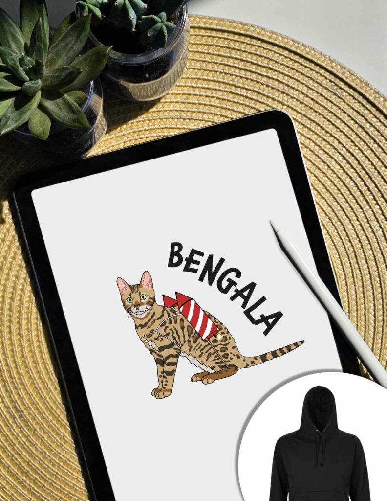Bengal cat graphic with flares on its back