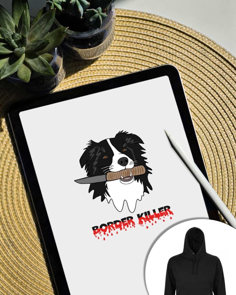 Grafica Border Killer con Border Collie con in bocca un coltello e scritta effetto sangue