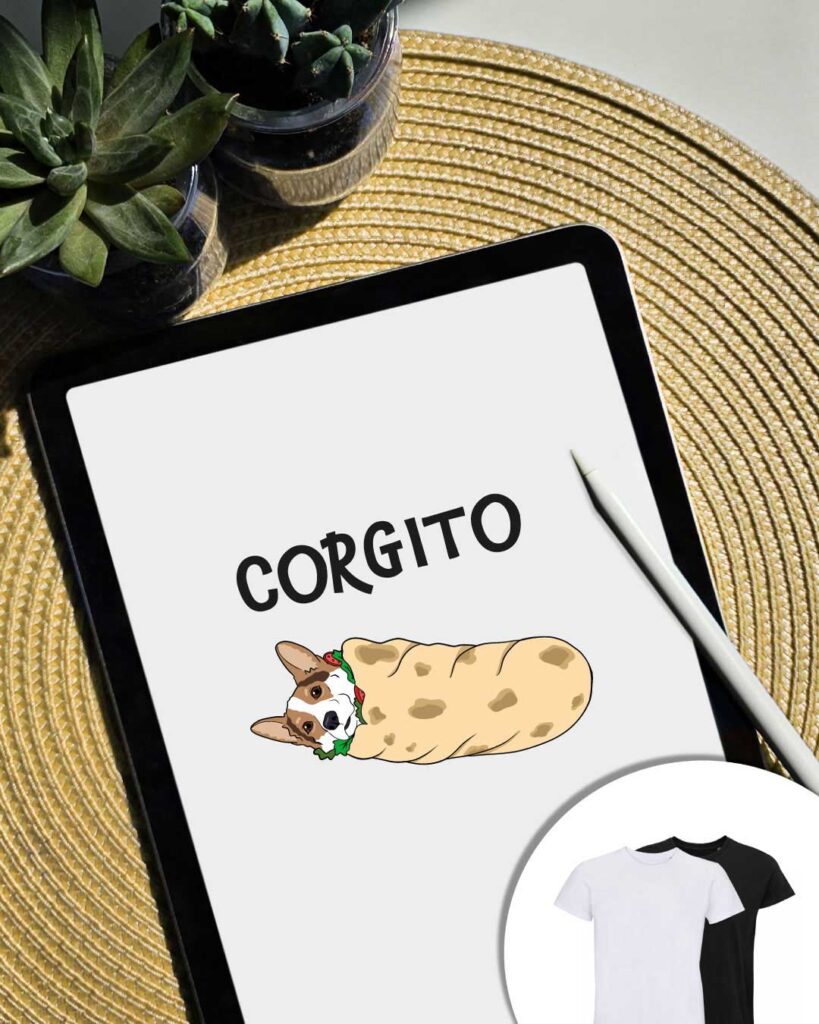 Grafica Corgito - cane Corgi arrotolato dentro un burrito