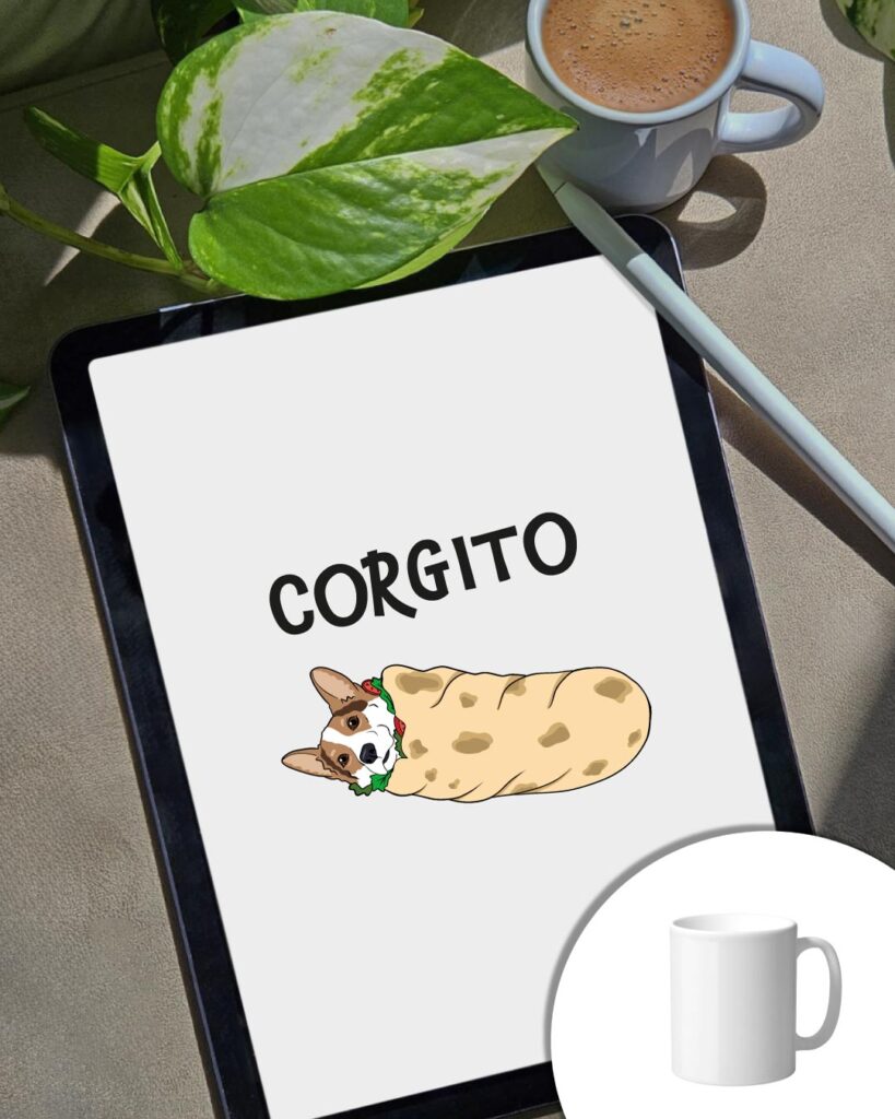 Grafica Corgito - grafica cane Corgi arrotolato dentro burrito