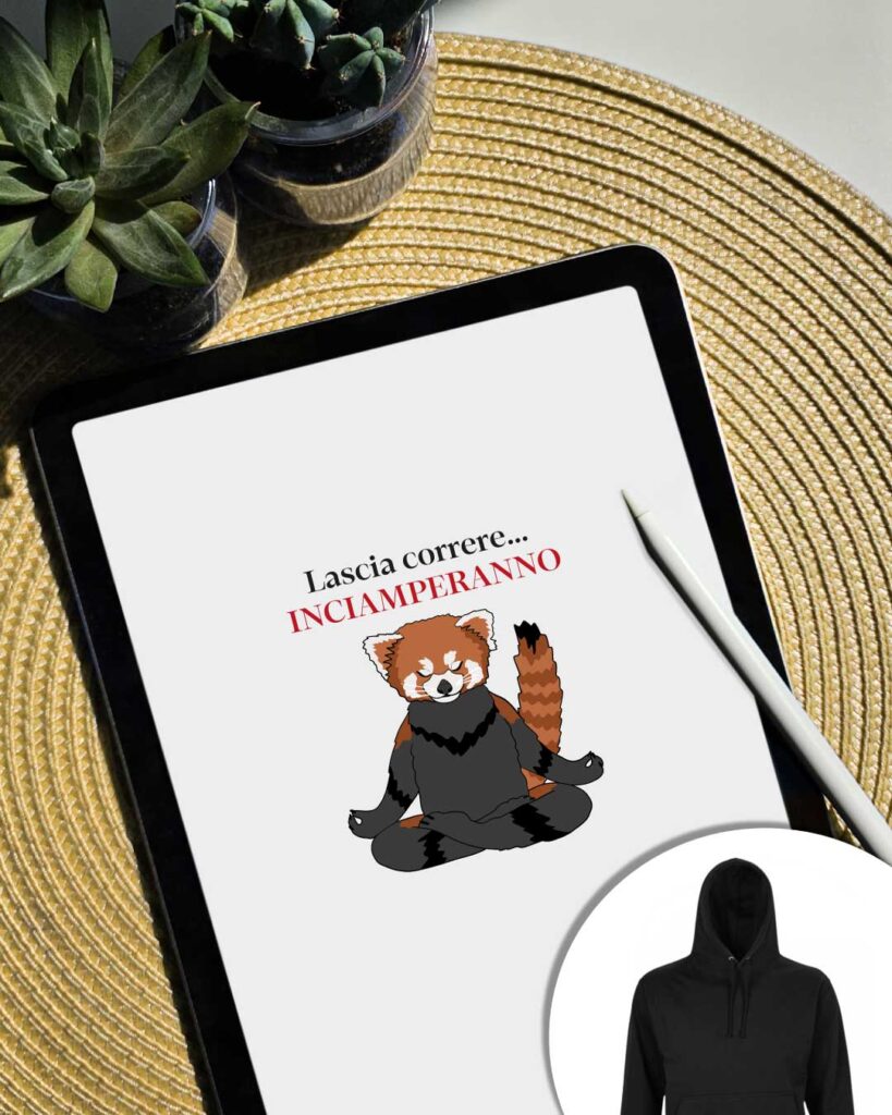 Grafica Lascia correre, inciamperanno con panda rosso nella posizione del loto