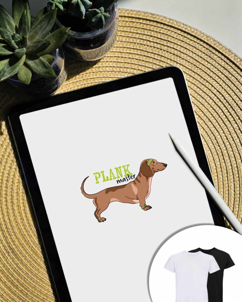 Grafica Plank Master con bassotto che fa sport