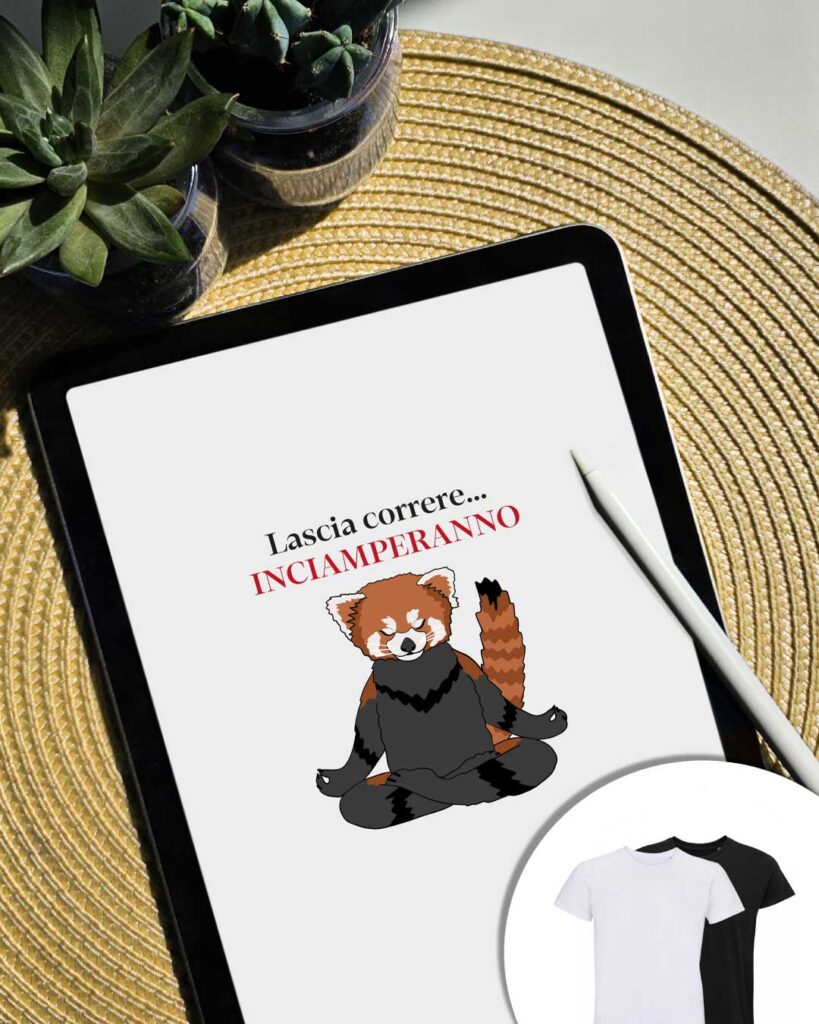 Grafica Lascia correre - panda rosso nella posizione yoga loto