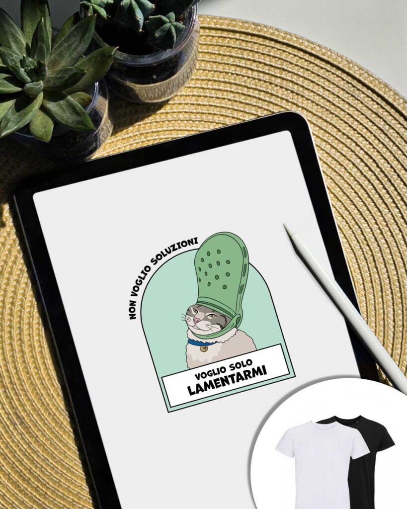 Grafica Non voglio soluzioni, voglio solo lamentarmi: gatto con in testa una ciabatta