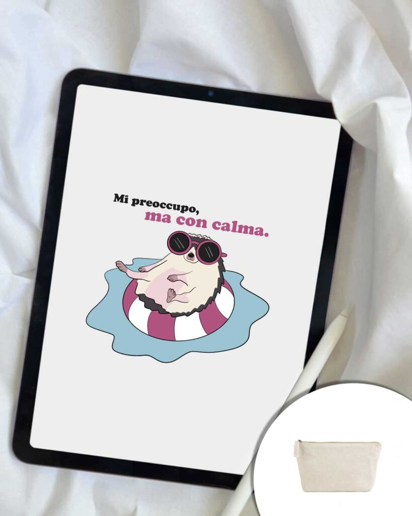 Grafica mi preoccupo ma con calma - riccio su salvagente dentro l'acqua