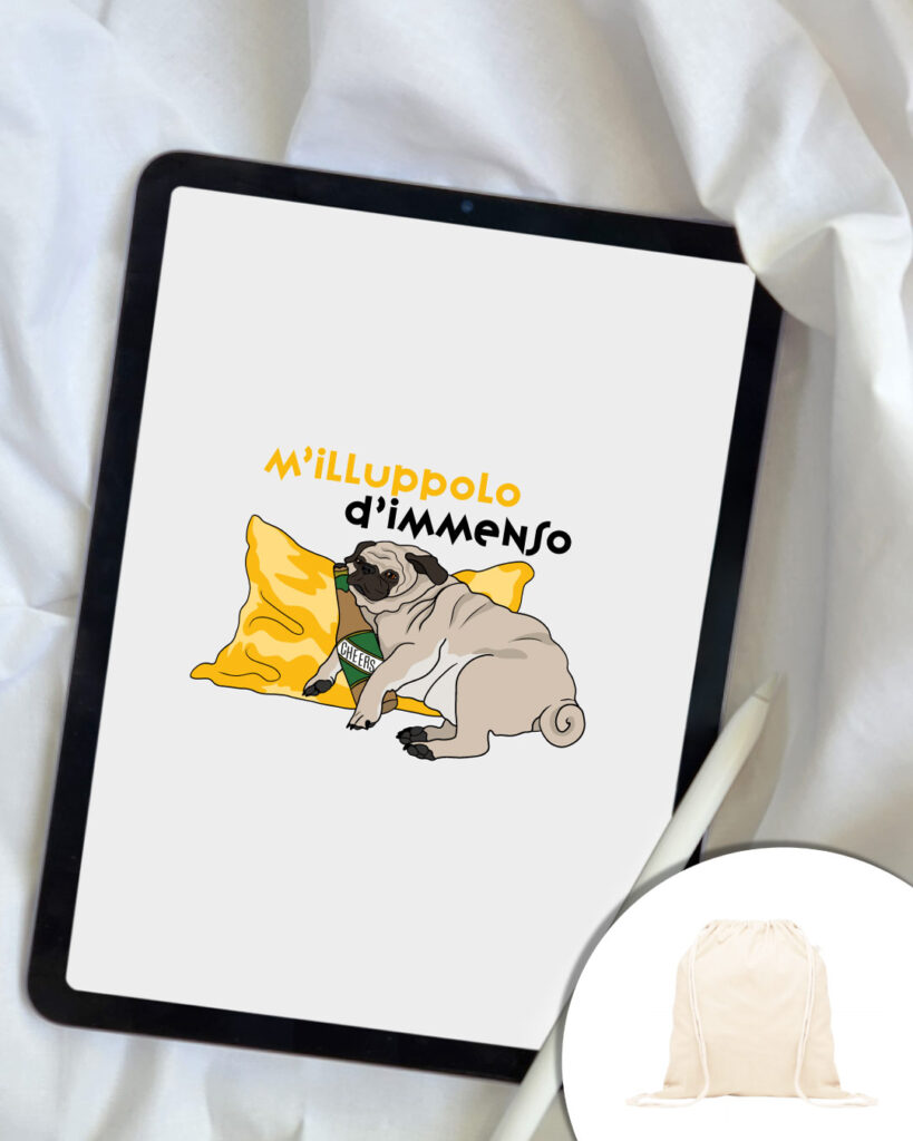 Grafica M'illuppolo d'immenso - cane appoggiato al cuscino con birra