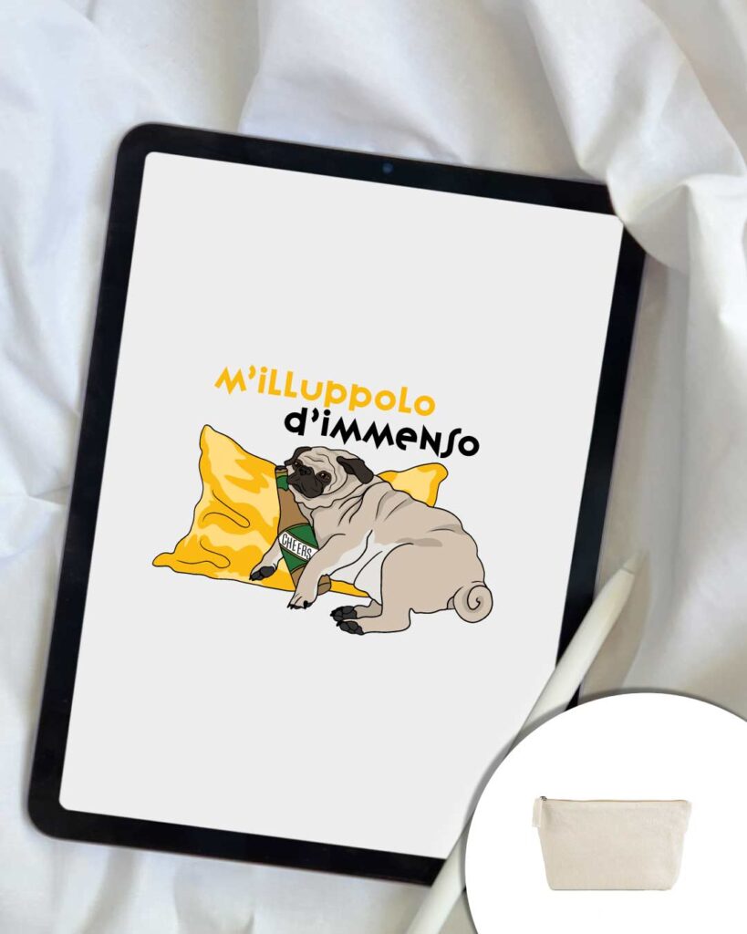 Grafica M'illuppolo d'immenso - cane appoggiato al cuscino con birra