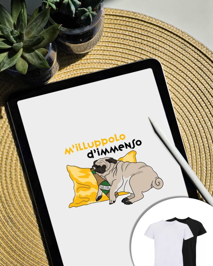 Grafica M'illuppolo d'immenso - cane appoggiato al cuscino con birra