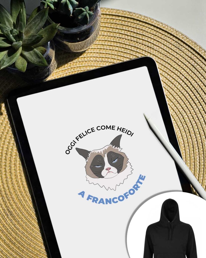 Grafica Felice come Heidi a Francoforte con gatto arrabbiato