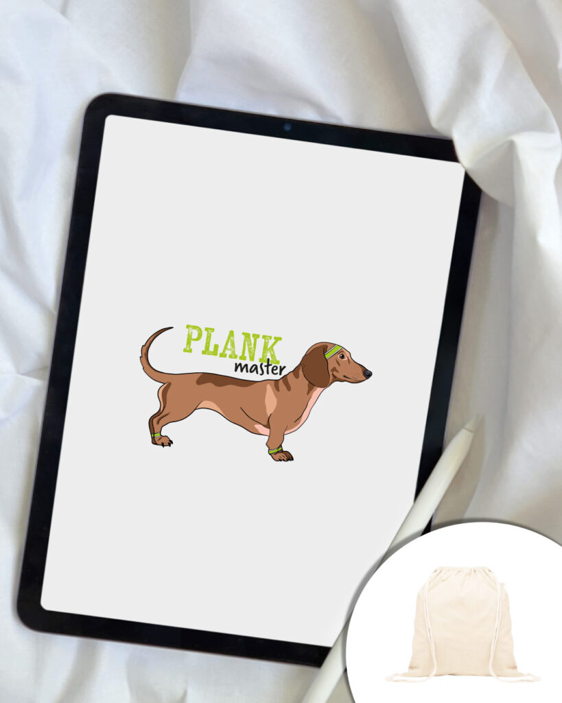 Grafica Plank Master con bassotto che fa sport