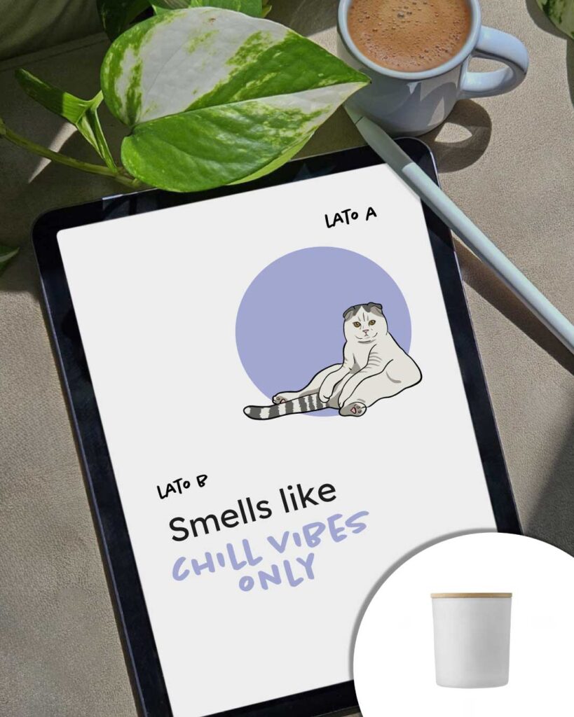 Grafica Smells like chill vibes only - gatto in posizione seduta rilassata