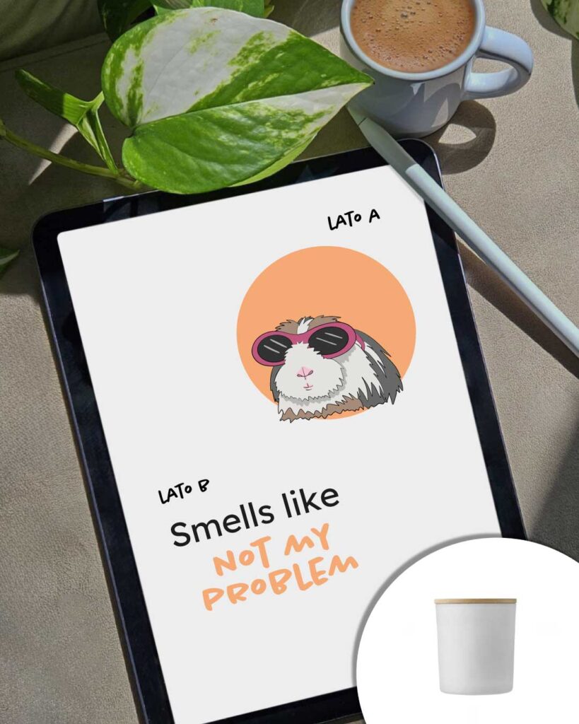 Grafica candela Smells like not my problem - scritta e disegno porcellino d'india con occhiali da sole