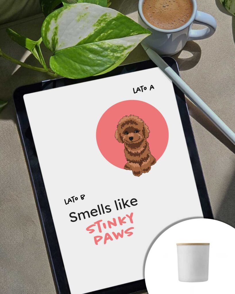 Grafica Smells like stinky paws - scritta e cane barboncino