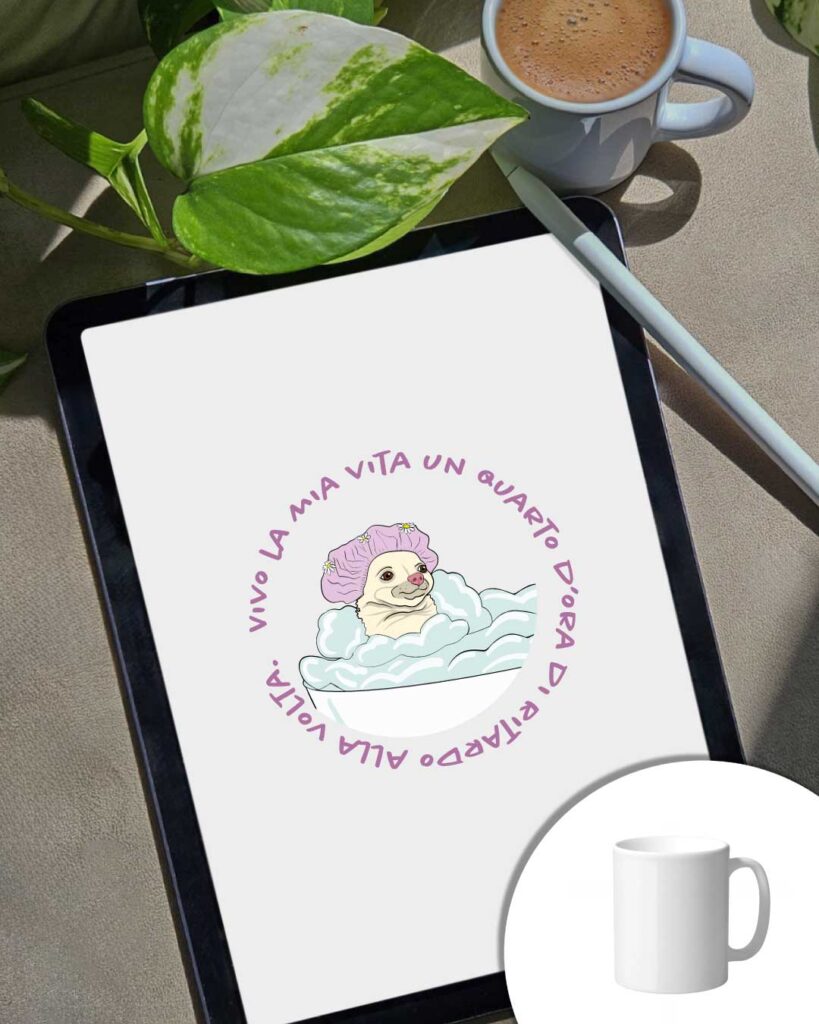 Grafica Tazza Vivo la mia vita - grafica cane nella vasca da bagno