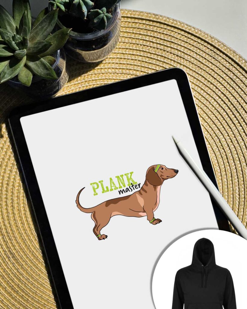 Grafica Plank Master con bassotto che fa sport
